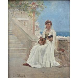 Oil On Panel - Woman With A Mandolin By The Sea - Carl Albert Blondel (19th Century)