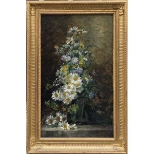 Oil On Panel - Large Bouquet Of Daisies - 19th Century