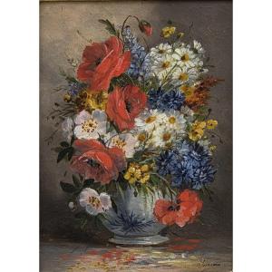 Oil On Canvas - Bouquet Of Poppies And Wildflowers - Sureau (19th Century)