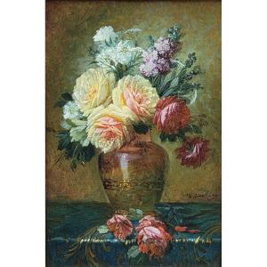 Max Albert Carlier (1872–1938) - Oil On Panel - Still Life With A Vase Of Roses