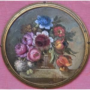 Huile sur panneau - Bouquet de fleurs en tondo - Fleury (XXe siècle)