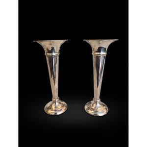 Pair Of Solid Silver Single-flower Vases - Birmingham - 1909