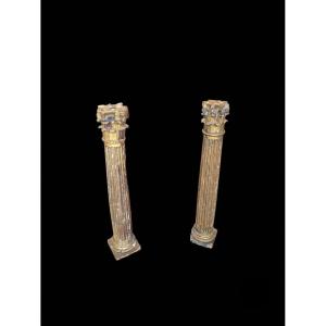 Pair Of Corinthian Columns Made Of Carved And Gilded Wood—19th Century