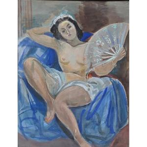 André Planson (1898–1981) - Watercolor Gouache - Young Woman With A Fan