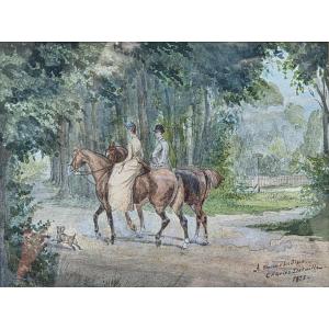 Charles Detaille (1852–1894) - Watercolor - A Horseback Ride Through The Woods
