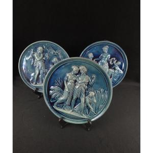 Clément Massier - Set Of Three Turquoise-blue Glazed Earthenware Medallions (19th Century)