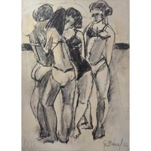 Germain Bonel (1913–1999) - Charcoal On Paper - Women Bathing On The Beach
