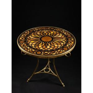 Neoclassical Tripod Side Table In Gilded Bronze With Marquetry—in The Style Of Maison Baguès