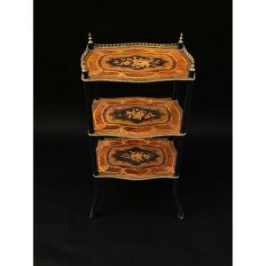 Side Table / Folding Table With Three Inlaid Shelves - Napoleon III Period (19th Century)