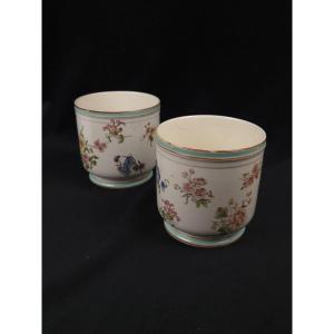 Creil & Montereau - Paire de cache-pots en faïence fine - Décor floral (XIXe siècle)