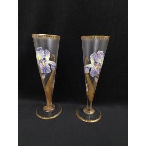 Montjoye / Legras In Saint-denis - Pair Of Art Nouveau Trumpet Vases With Irises