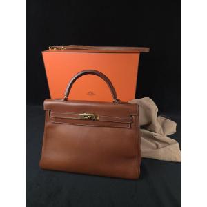 Hermès Kelly 32 Retourné en veau box marron/gold - Bijouterie doré