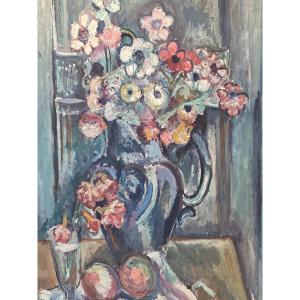 Pinchus Kremegne (1890-1981) - Huile sur toile - Bouquet d'anémones et fruits au pichet