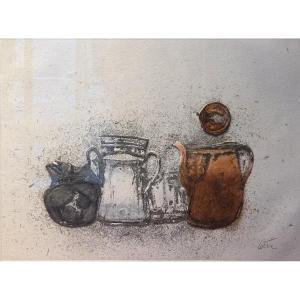 César (1921-1998) - Estampe en relief - Nature morte aux cafetières