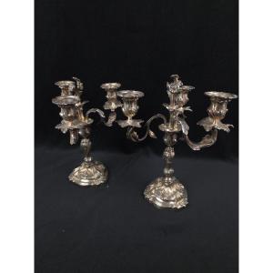 Pair Of Three-light Silver-plated Bronze Candelabra – Louis XV Rocaille Style (19th Century).