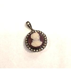 Broche-pendentif en argent sanglier - Camée sur agate - XIXe siècle