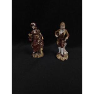Paire de figurines galantes en porcelaine polychrome - Couple Incroyable et Merveilleuse (XIXe)