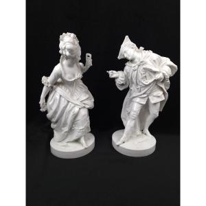 Vion & Baury - Grande paire de figurines en porcelaine blanche - Le Bal masqué - XIXe siècle