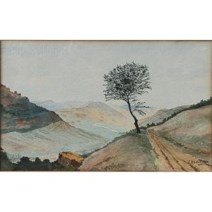 Watercolor - Hilly Landscape With A Path - G. Kloubert (20th Century)