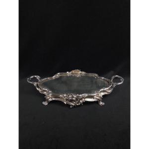 Grand plateau à fond de miroir et monture en métal argenté (XIXe siècle)