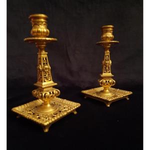 Pair Of Gilt Bronze Candlesticks - Nineteenth Century