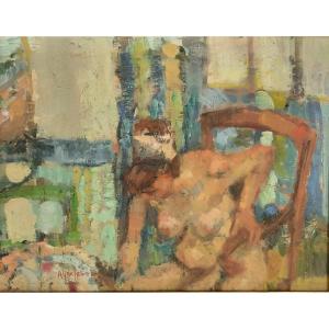 Huile Sur Panneau - Femme Nue Sur Un Siège - De René Arberlenc