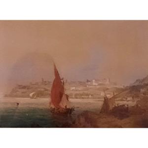 Aquarelle Sur Papier - Vue Orientaliste De Barques - De Ambroise Louis Garneray (1783 - 1857)