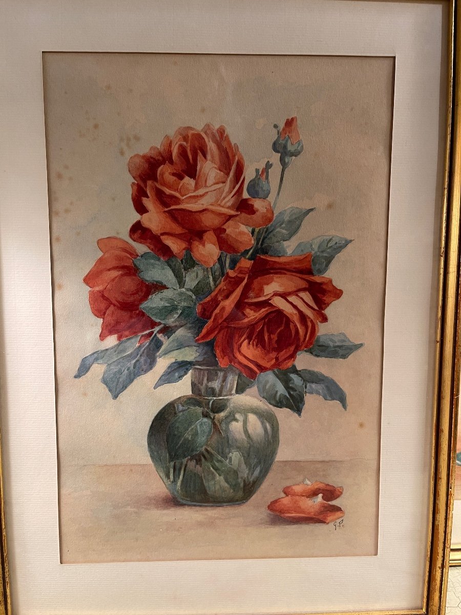 Paire d'Aquarelles, Roses et Anémones-photo-3