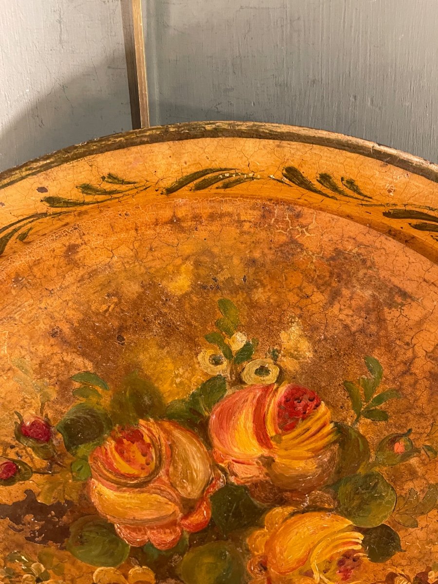 Painted Sheet Metal Tray With 19th Century Floral Decor, Diameter 49.5-photo-4