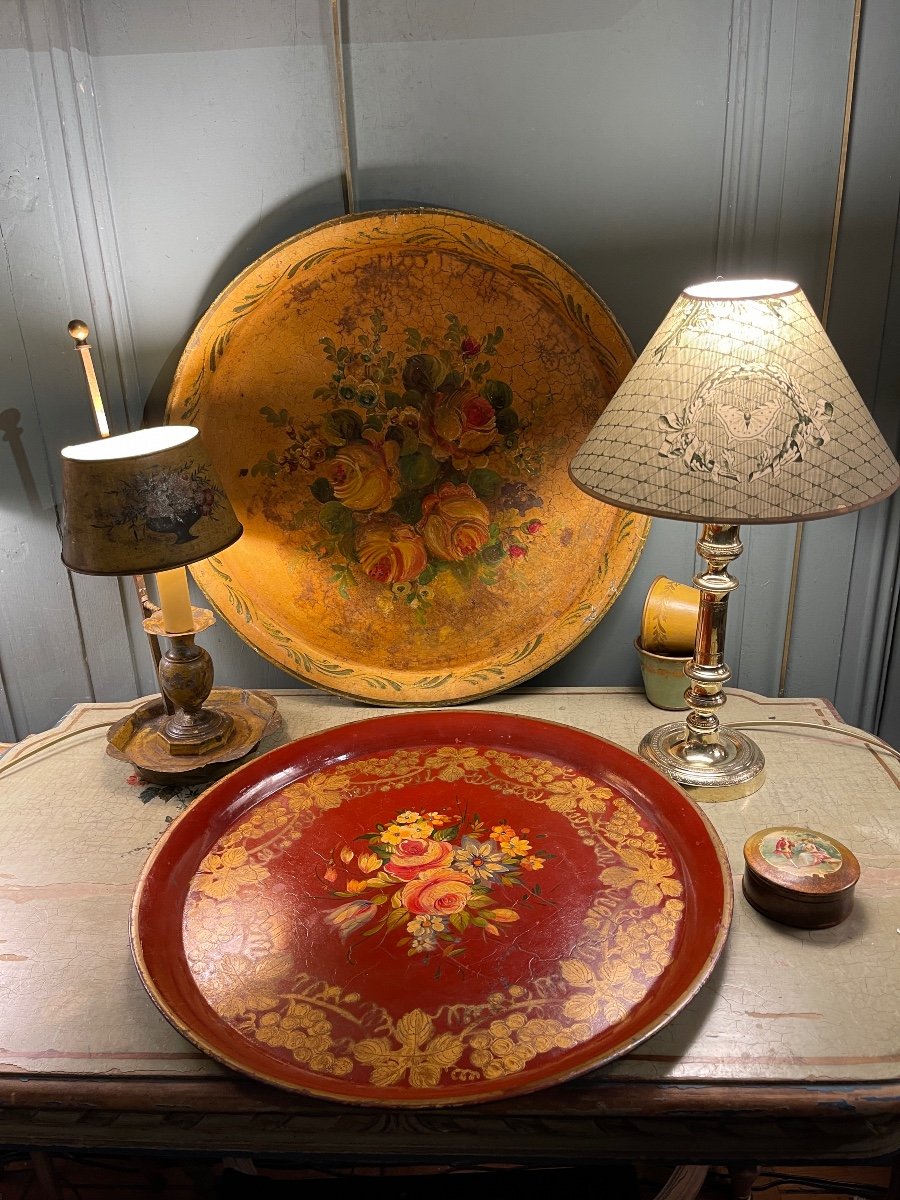 Painted Sheet Metal Tray With 19th Century Floral Decor, Diameter 49.5-photo-6