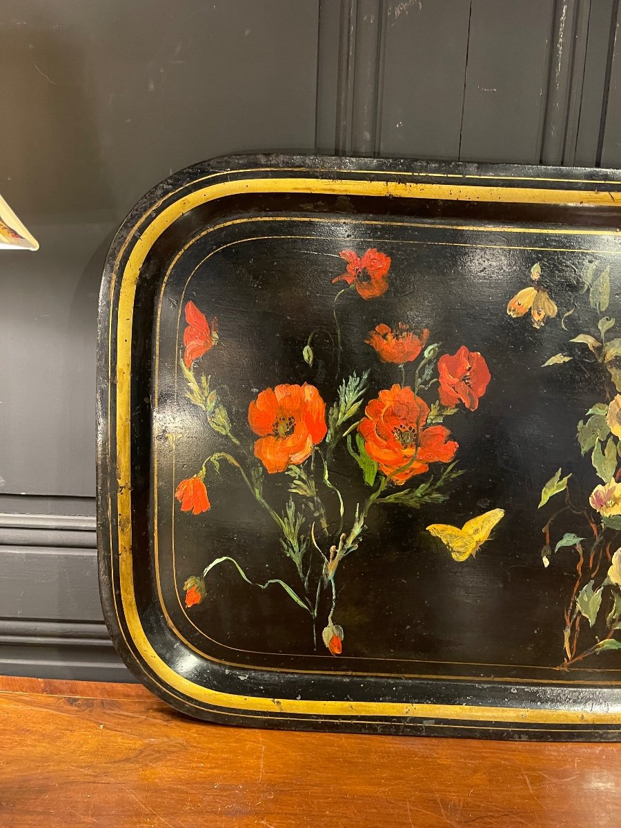 Large Tray In Painted Sheet Metal, Flowers And Butterflies Nineteenth-photo-2