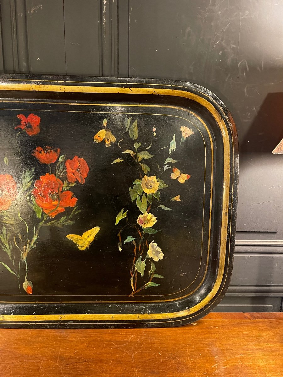 Large Tray In Painted Sheet Metal, Flowers And Butterflies Nineteenth-photo-3