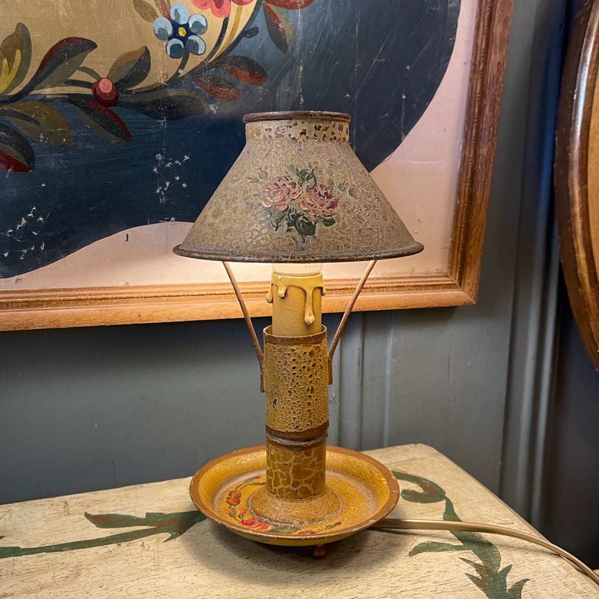 Small Bouillotte Lamp With Floral Decor