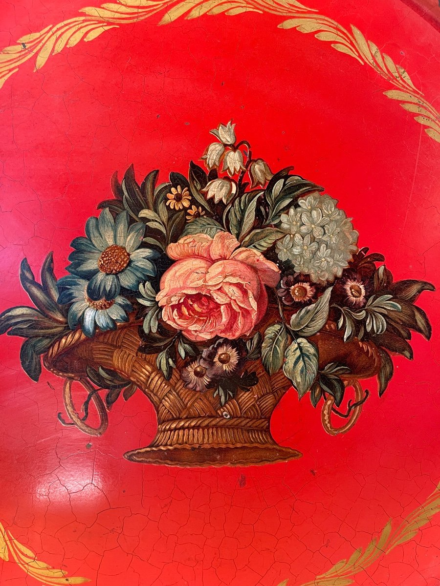 Large Tray Decorated With A Basket Of Flowers, Diameter 50 Cm-photo-2