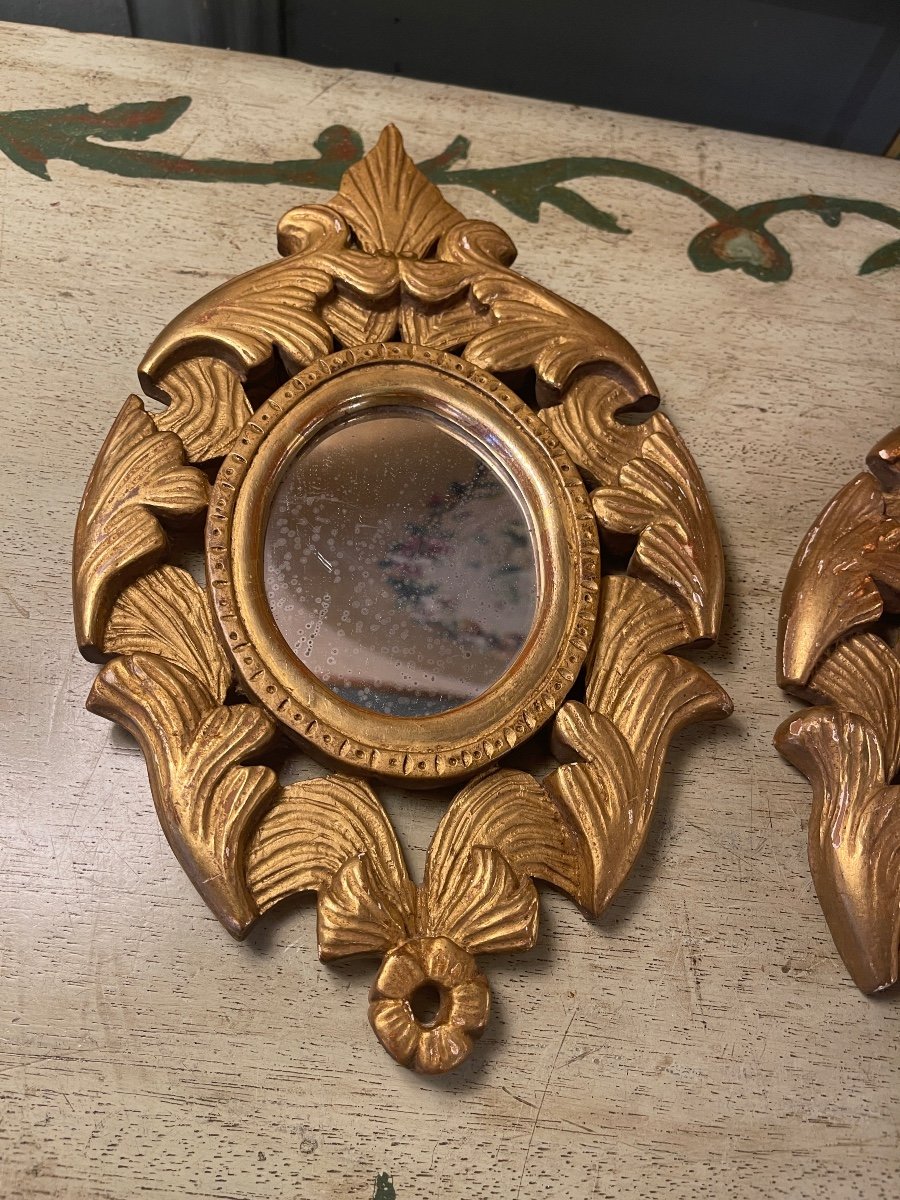 Pair Of Small Oval Mirrors In Golden Wood-photo-2