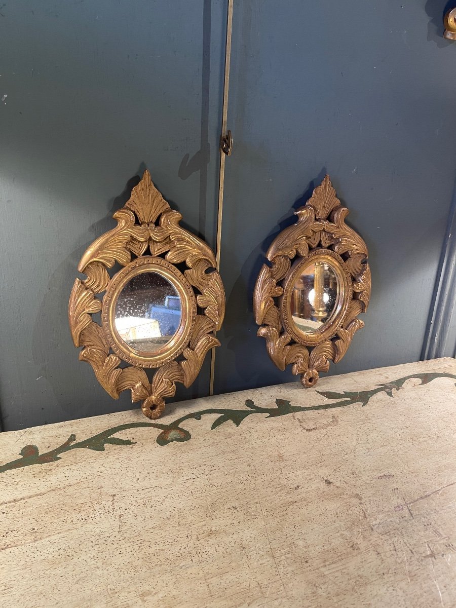 Pair Of Small Oval Mirrors In Golden Wood-photo-1