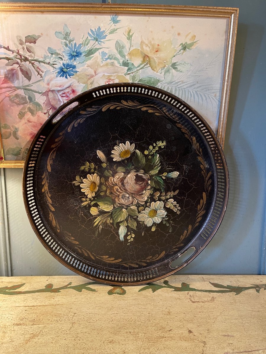 19th Century Painted Sheet Tray, Diameter 40 Cm-photo-2