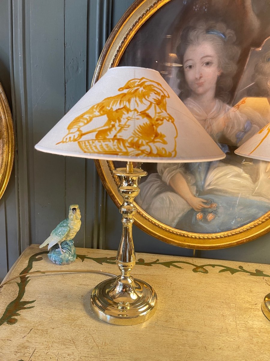 Pair Of Polished Brass Lamps, Height 41 Cm-photo-1