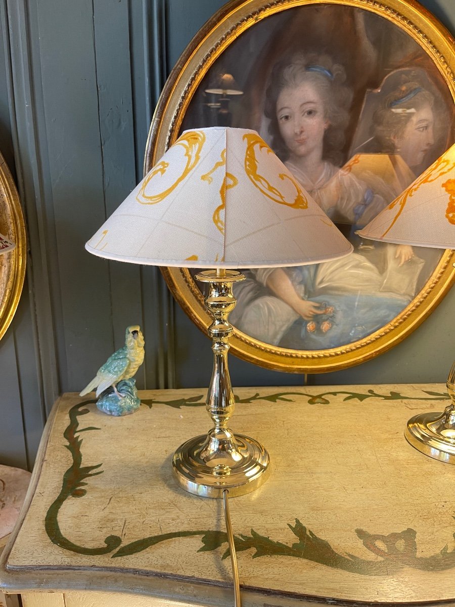 Pair Of Polished Brass Lamps, Height 41 Cm-photo-2