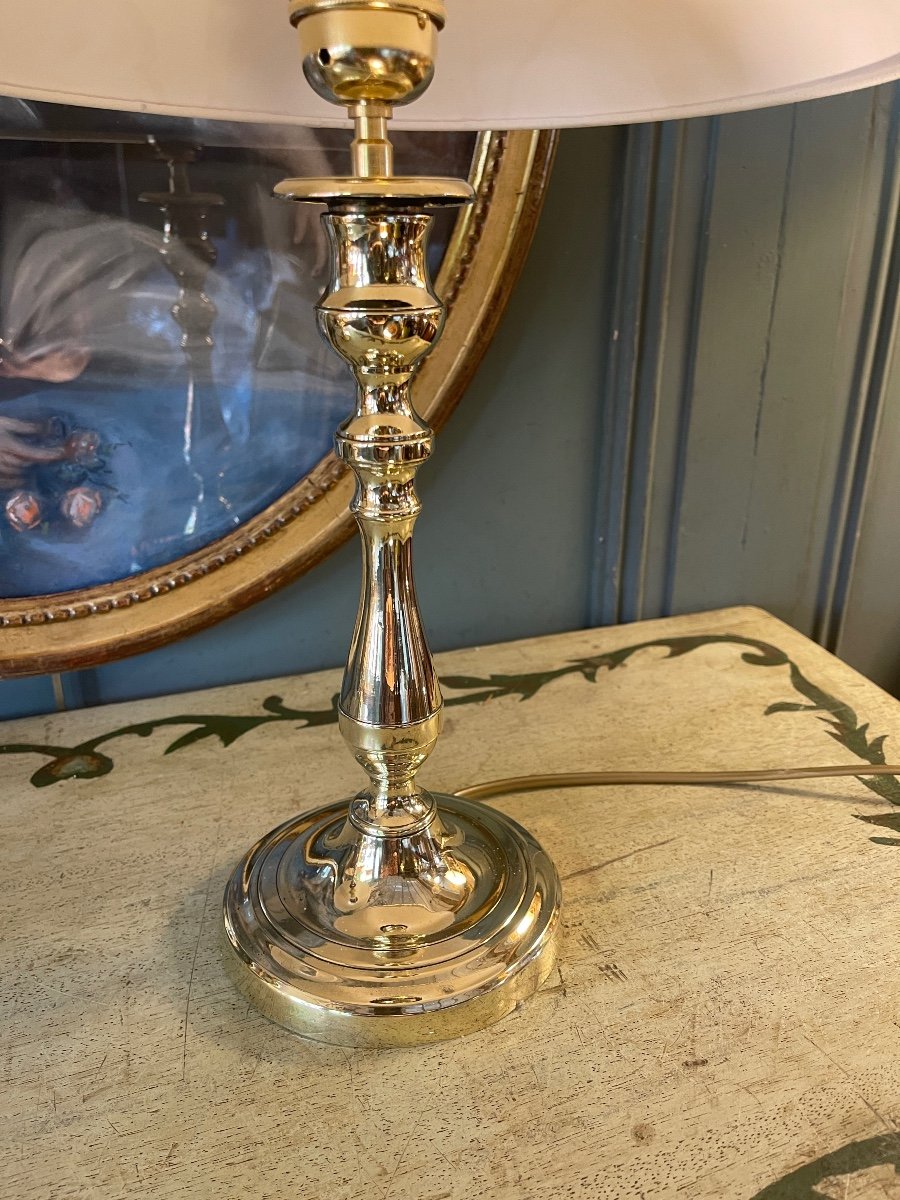 Pair Of Polished Brass Lamps, Height 41 Cm-photo-3