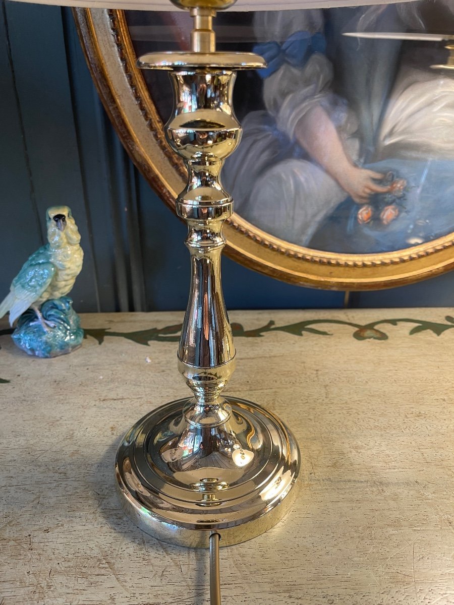 Pair Of Polished Brass Lamps, Height 41 Cm-photo-4