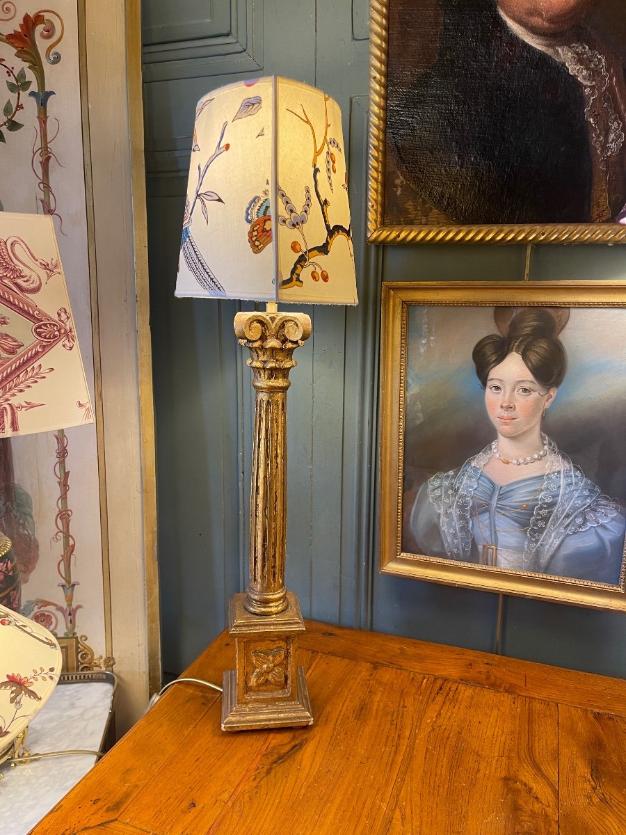 Large Lamp In Golden Patinated Wood, Height 75 Cm-photo-3