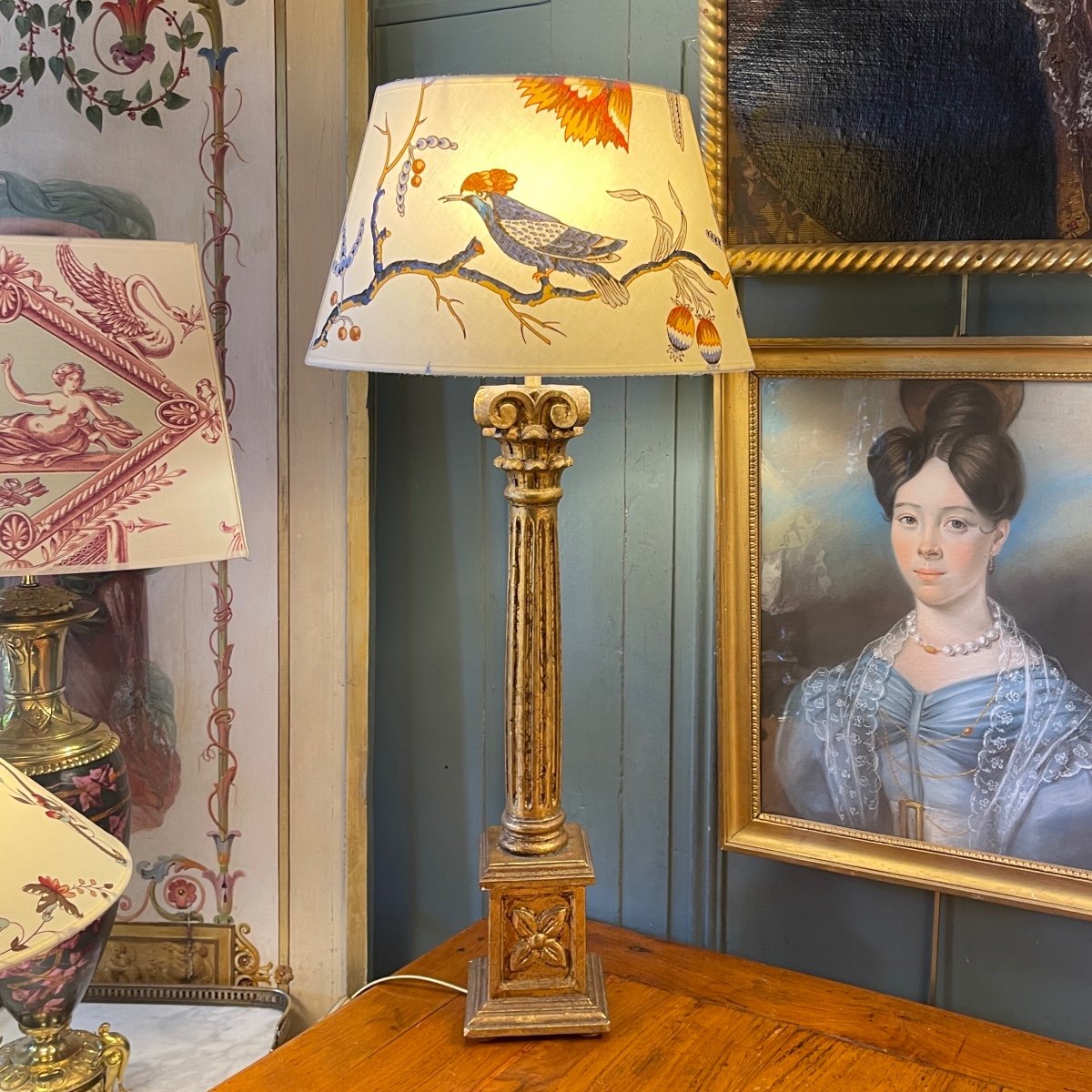 Large Lamp In Golden Patinated Wood, Height 75 Cm