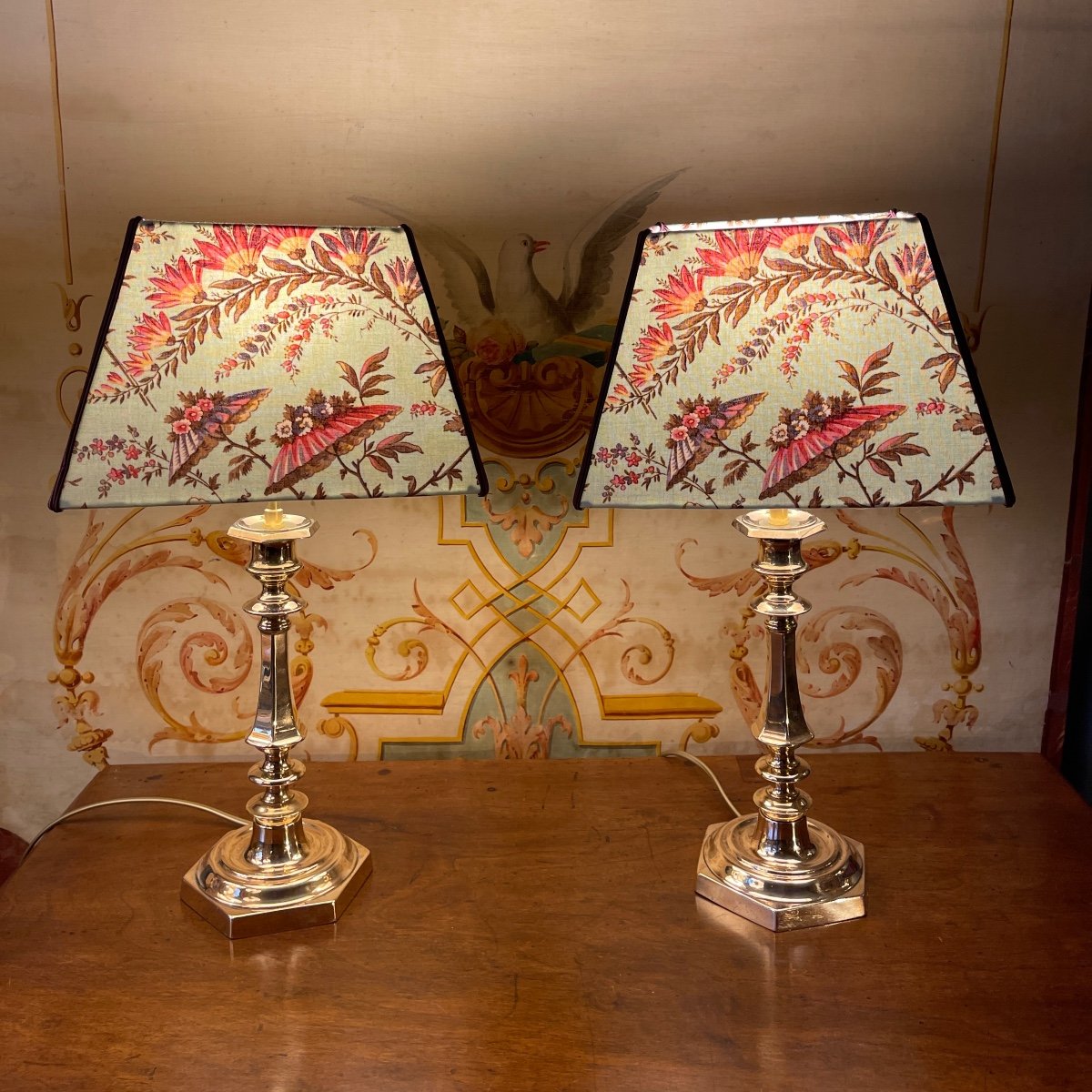 Pair Of Copper Bronze Lamps, Height 45 Cm 