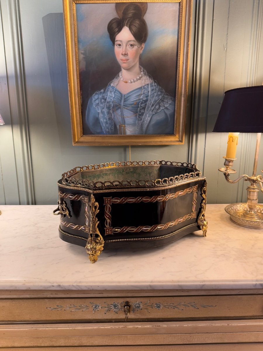 Large Napoleon III Planter In Blackened Wood And Marquetry, 19th Century-photo-2