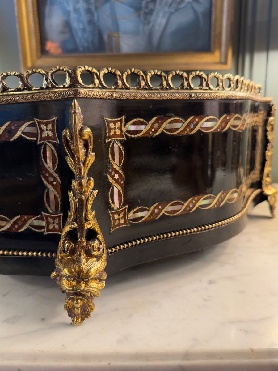 Large Napoleon III Planter In Blackened Wood And Marquetry, 19th Century-photo-6