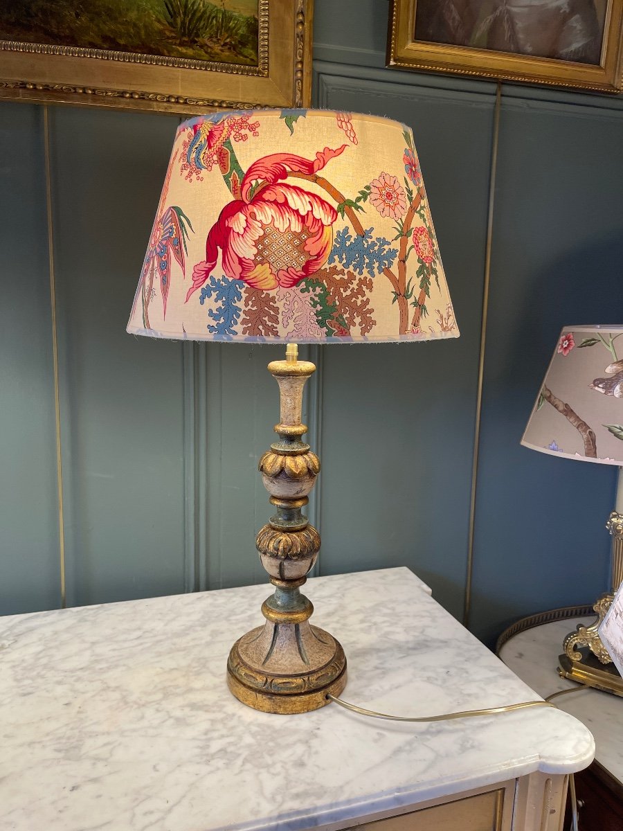 Painted Wooden Lamp, Height 61 Cm-photo-3