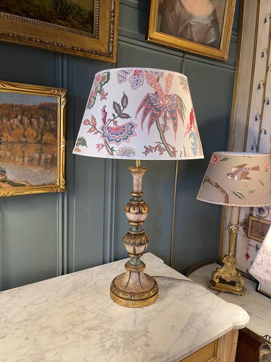 Painted Wooden Lamp, Height 61 Cm-photo-2