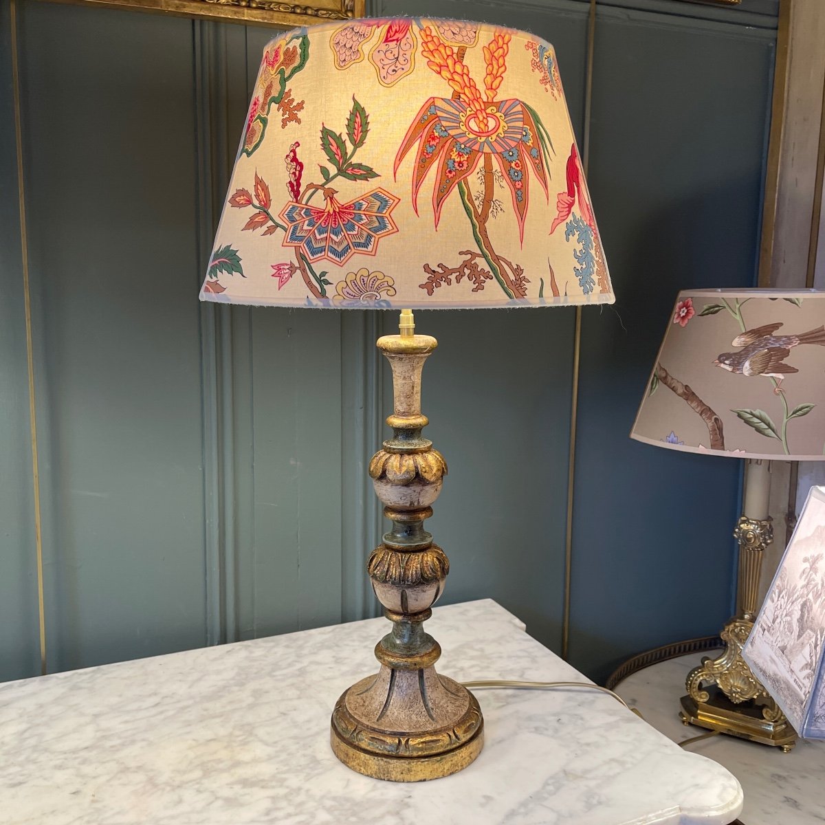 Painted Wooden Lamp, Height 61 Cm