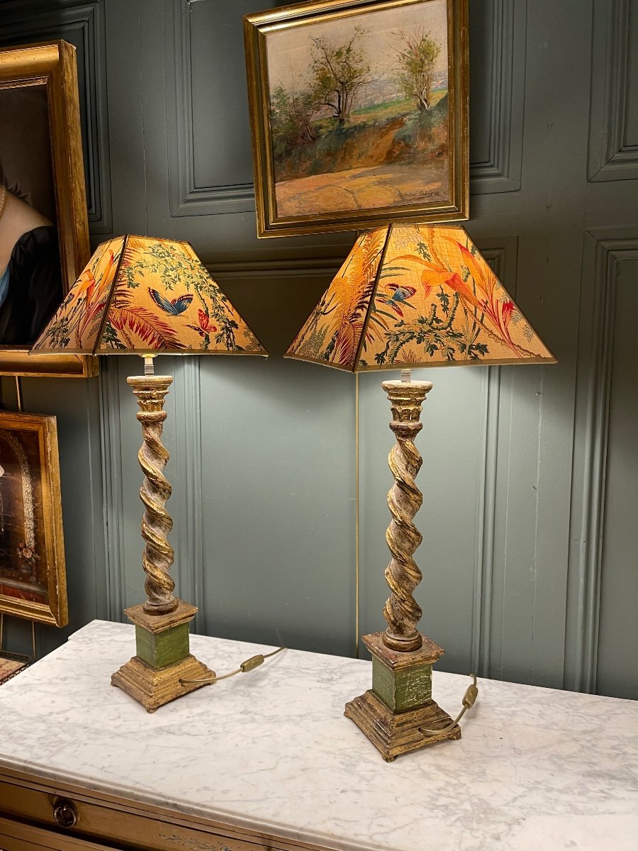 Large Pair Of Painted Wooden Lamps, Height 78 Cm-photo-2